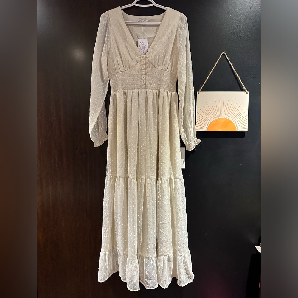 Patrons of Peace Cream Swiss-Dot Tiered Maxi Dress